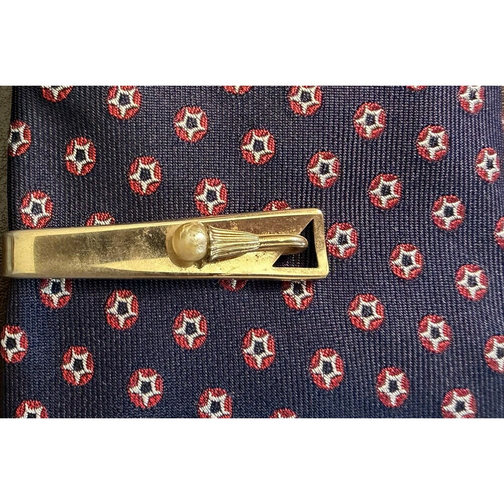 Vintage Pioneer Tie Clip Gold Tone with Pearl MCM Retro Tie Bar